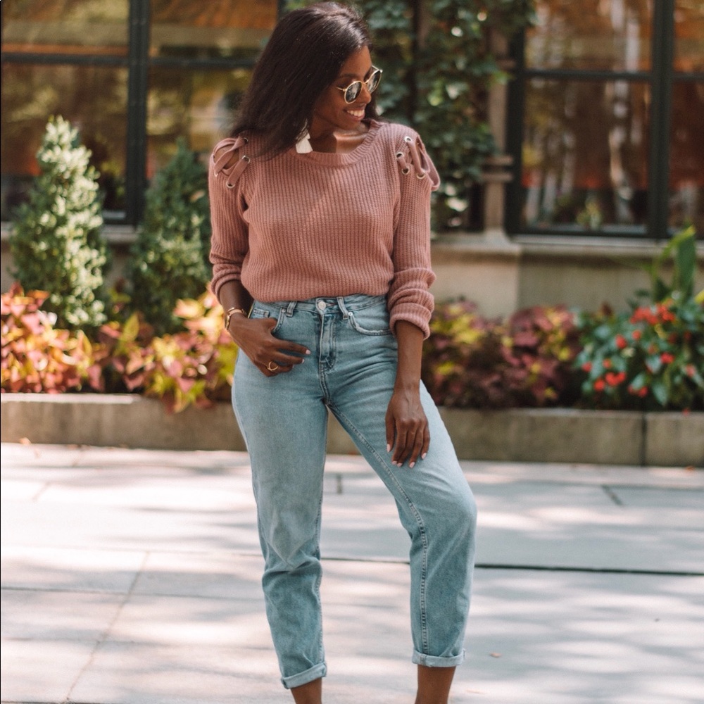 Pink Lattice Shoulder Knit Sweater